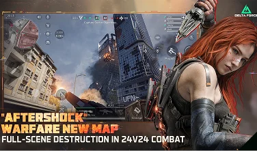 Grafika promocyjna „Delta Force” przedstawia nową mapę o nazwie „Aftershock”. Na pierwszym planie stoi postać kobieca o rudych włosach i zbroi. W tle widać chaotyczny krajobraz miejski z dymem i zniszczonym wieżowcem. Tekst podkreśla: „Całkowite zniszczenie środowiska w bitwach 24 na 24”.